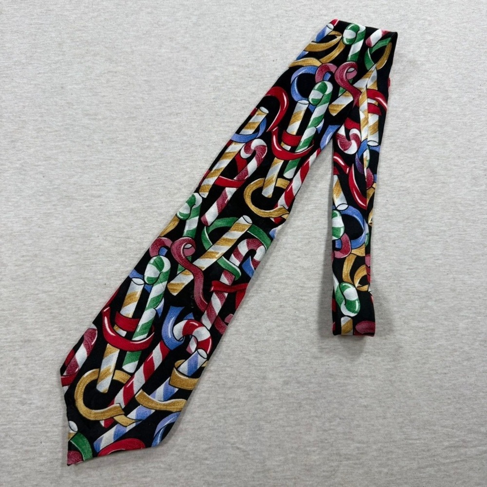 Wembley Necktie Mens One Size Black Christmas Candy Cane Silk‎ Excellent Holiday